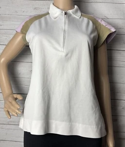 Vintage Sport Haley Golf Polo Shirt Medium White Brown Lavender Stripe 1/4 Zip - Picture 1 of 14