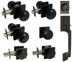 Matte Black Square Plate door locks Knobs Keyed entry privacy passage deadbolt  - Picture 1 of 18