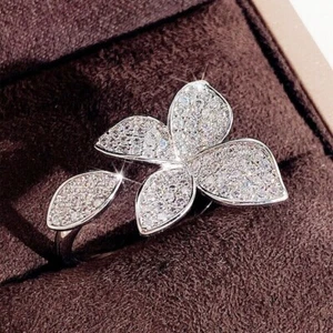 1.80Ct Lab Created Diamond Flower Engagement Ring 14K White Gold Plated - Picture 1 of 6