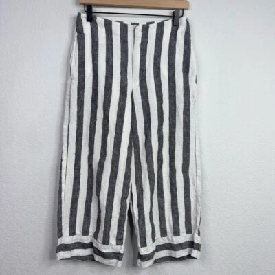 Saks Fifth Avenue Pants Womens 6 Grey White Linen Striped Wide Leg Cropped Boho - Image 1 of 4