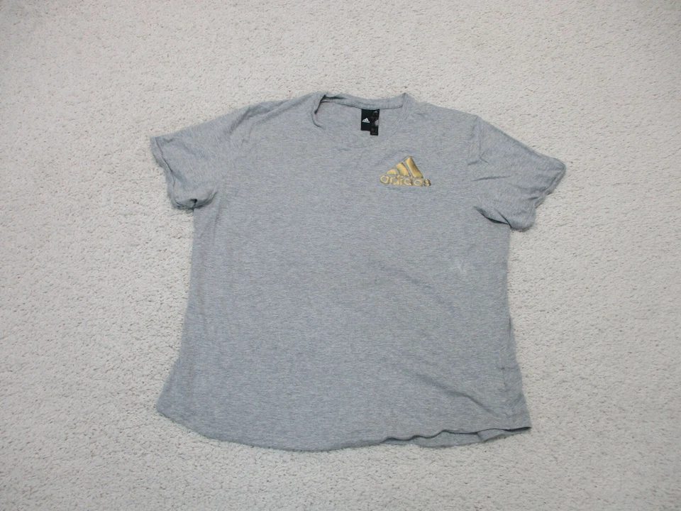 Рубашка Adidas очень большая для взрослых серая повседневная беговая с золотым логотипом эластичная женская XL - Изображение 1 из 4