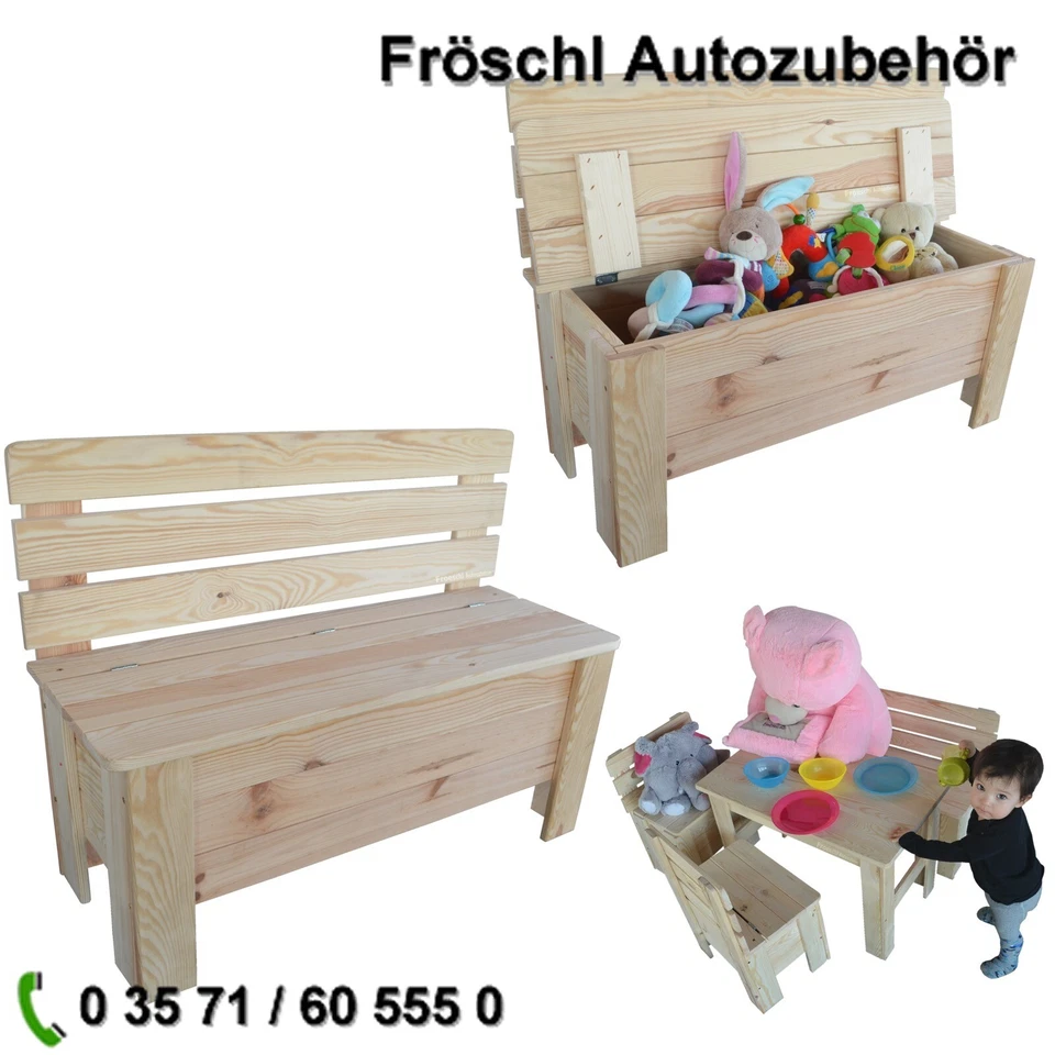 Kinder Sitz Bank Holz für Garten mit Deckel Truhe Spielzeug naturbelassen j* - Bild 1 von 1