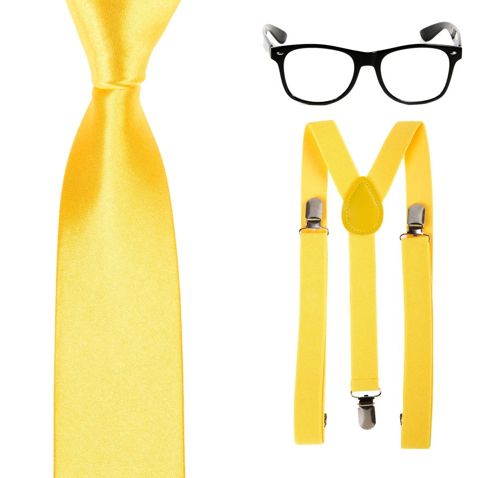 Geek Nerd Tie Fancy Dress Costume - Glasses + Slim Neck Tie + Braces - Yellow - Image 1 of 1