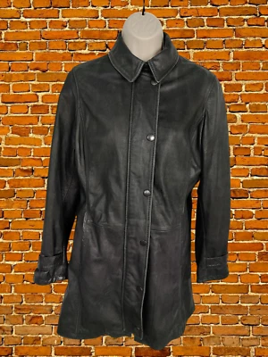WOMENS BARBOUR COAT SIZE UK 12 BLACK REAL LEATHER LONG POPPER ZIP JACKET - Image 1 of 4