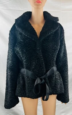 Nine West Woman 1X Black Faux Fur Ribbon Tie Mob Wife Glam Spy Short Coat - Image 1 of 4