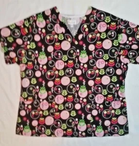 Peaches womens black flowered two pocket scrub shirt SZ XLarge - Picture 1 of 6