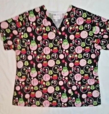 Peaches womens black flowered two pocket scrub shirt SZ XLarge - Image 1 of 4