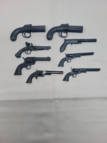 Vintage blue plastic pistols 2 Navy six, Peace maker, Officers. 2 PEPPER Box Cover