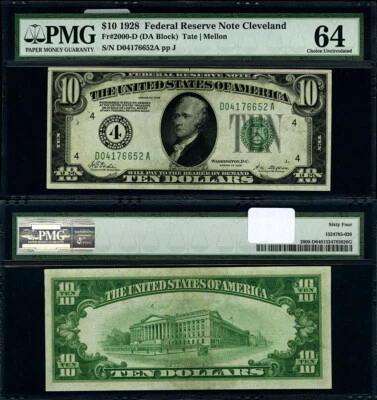 FR. 2000 D $10 1928 Federal Reserve Note Cleveland D-A Block Choice PMG CU64 EPQ - Image 1 of 3