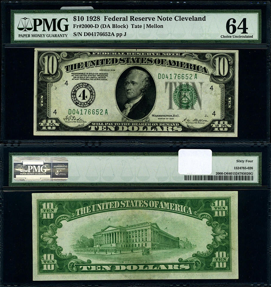 FR. 2000 D $10 1928 Federal Reserve Note Cleveland D-A Block Choice PMG CU64 EPQ - Image 1 of 3