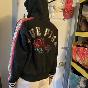 Y2K Victoria’s Secret Love Pink Black Sequin Bling Rose Fashion Show Hoodie XS - Picture 1 of 9