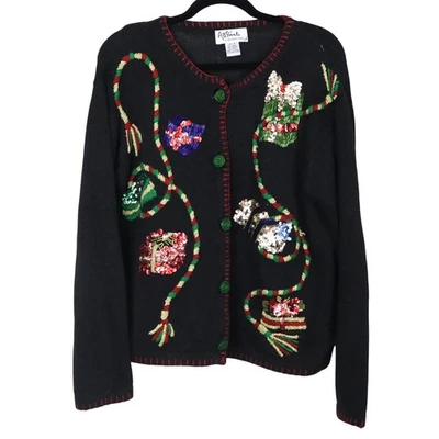 Cárdigan Suéter Vintage Años 90 Y2K Navidad Vacaciones Lentejuelas Regalos Bordados M Foto 1 de 4