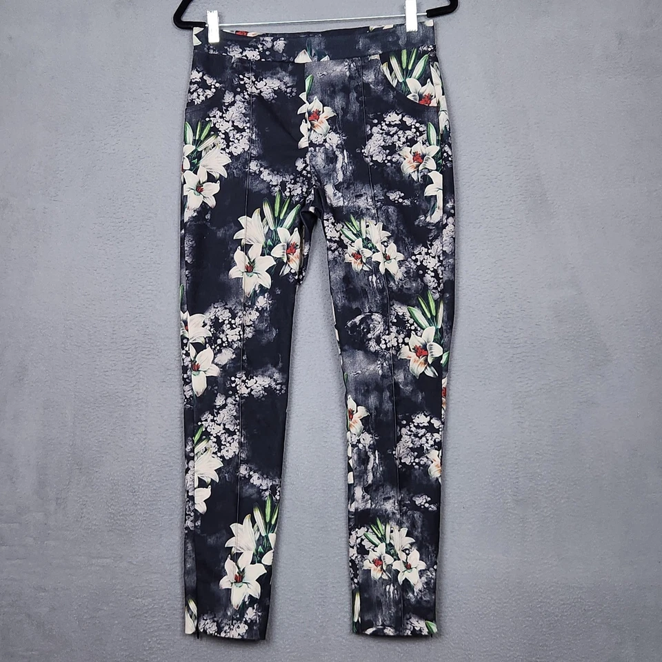 Pantalones para mujer JOSEPH RIBKOFF 8 negros blancos estampado floral ajustados elásticos dobladillo con cremallera Foto 1 de 4