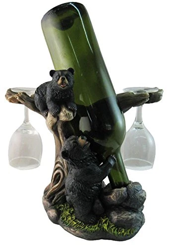 10" Tall Climbing Black Bear Liquor Wine Glasses and Bottle Valet Holder Decor