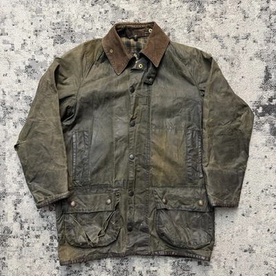 Jaqueta encerada vintage Barbour Beaufort A150 C38 colarinho de veludo masculina verde oliva - Imagem 1 de 4
