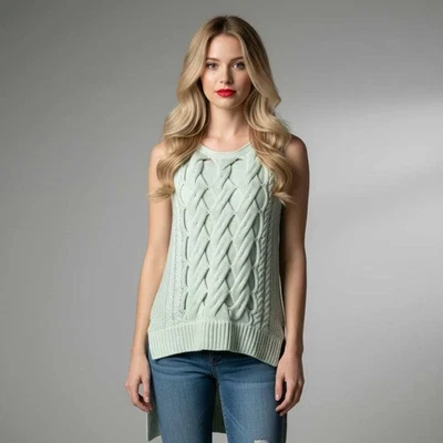 Venus Mint Green Sleeveless Cotton Cable Knit High Low Chunky Sweater Top Small - Image 1 of 4