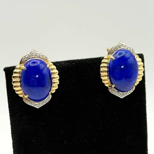 Vintage 14K Gelb & Weißgold Lapislazuli & Diamant Omega Ohrstecker (YAK-15-6) - Bild 1 von 8