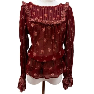 Burgunderrote Langarm transparente Rüschen Damen Bluse Medium Cottagecore Boho Coquette - Bild 1 von 9