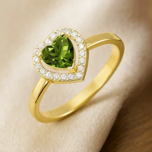 Romantic Heart Peridot & Diamond Ring – 14K Gold August Birthstone # 1049 - Picture 1 of 19