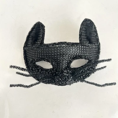 Masquerade Halloween Black Cat Kitten Face Mask Beads Feather’s Whiskers - Image 1 of 4