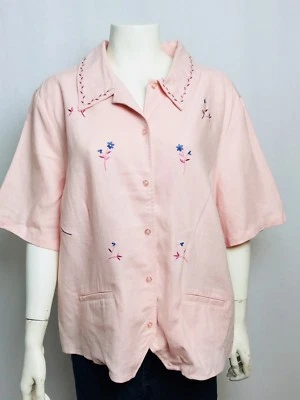 Sag Harbor Woman Light Pink Enbroidered Purple White Flower Top Linen Mix SZ 20W - Image 1 of 4