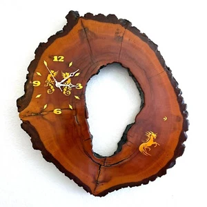 Vintage Hand-Crafted Live Edge Redwood Hollow Slab 18" Wall Clock Brass Inlay - Picture 1 of 5