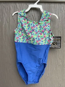 GK Elite Adult Leotard Womens Large Blue Bottom With Floral Multicolor Top New - Picture 1 of 7