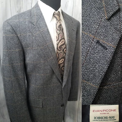 Blazer Chaqueta De Colección Evan Picone Hombres Lana 44L Gris Tweed Espiga Abrigo Deportivo Foto 1 de 4