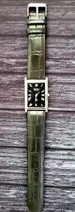 -Vintage NOS Men Tank Rectangular Black Leather band Dress Watch New Mvt & Batt - Picture 1 of 6