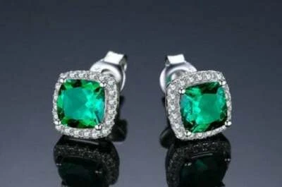 4.20Ct Cushion Cut Green Emerald Halo Stud Earrings 14K White Gold Finish - Image 1 of 3