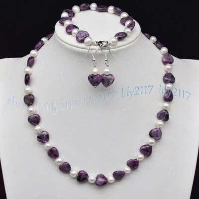 Conjunto de brincos pulseira colar pérola branca com pedras preciosas de coração zoisita vermelha 12 mm 7-8 mm - Imagem 1 de 4