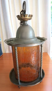 Vintage Hängelampe Swag Bernstein Glas Kugel Mid Century Modern rund Messing schwer - Bild 1 von 10