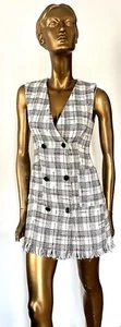ZARA TWEED MINI DRESS, Tailored,Button Up Elegant Chic Dress White Short Dres XS - Picture 1 of 16