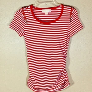 Michael Kors Top Women Sz S Fitted Cold Shoulder Ruched Red White Striped Scoop - Picture 1 of 7
