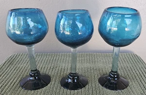 (3) Handblown Glass Wine Goblets ~ Cobalt Base ~ Clear Stem ~ Blue Top ~ 8 1/8" - Picture 1 of 11