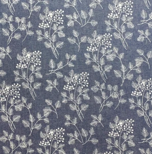 Cotton Denim Fabric - White Fern Leaf Floral Navy Blue - Dress Fabric Material - Picture 1 of 8