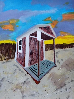 Cabaña de dunas/cabaña playa arena hierba capa colorida bacalao cielo impresionista acrílico Foto 1 de 4