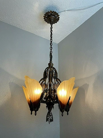 1930s Solid Bronze Art Deco 5 Light Slip Shade Hanging Fixture #2 Cover