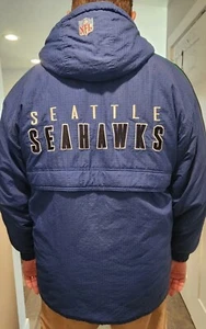 VTG Seattle Seahawks NFL Spell Out Large Bomber Puffer Jacket Coat Puma Hooded - Picture 1 of 9