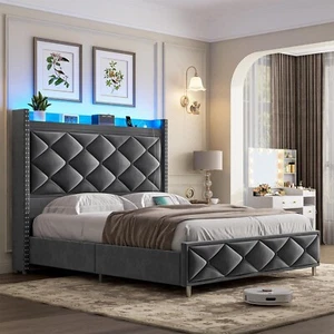 Queen Bed Frame with Tall Headboard & Charging Station Upholstered LED Bed Gray - Picture 1 of 8