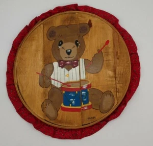 CHARMING SHABBY CHIC HAND PAINTED Teddy On Drum ~ cheese box LID ONLY - Picture 1 of 8