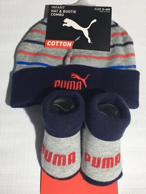 Puma Infant Baby Boy Hat & Bootie Combo Sz 0-6M Soft Cotton Gray/Navy Blue Logo - Image 1 of 4