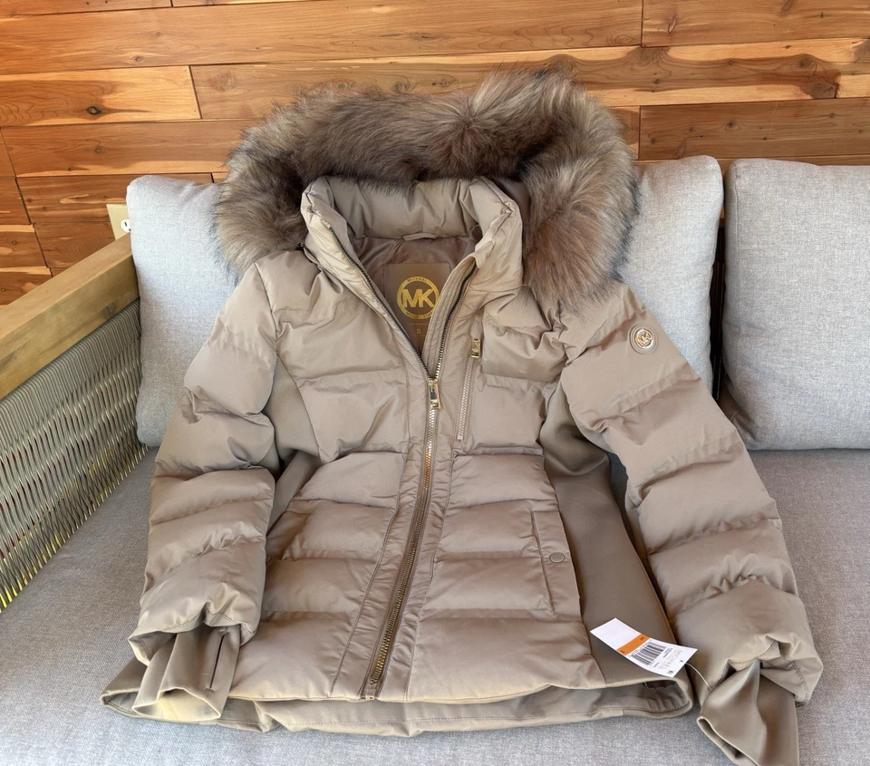 Abrigo de Invierno Michael Kors Taupe MK Diseñador Chaqueta Piel Capucha Talla M Nuevo con Etiquetas $280 Foto 1 de 4