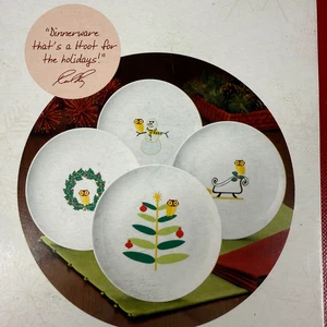 Rachael Ray Holiday Hoot 4 Piece Dessert Plate Set Porcelain Dinnerware NEW - Picture 1 of 10