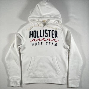 Vinteage Hollister Hoodie Mens Medium White Surf Team Logo Pullover Stitched Y2K - Picture 1 of 10