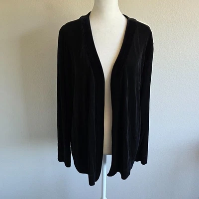 Chico's Travelers Top Cardigan Black Open Front Velvet Trim  Long Sleeve Size 2 - Image 1 of 4