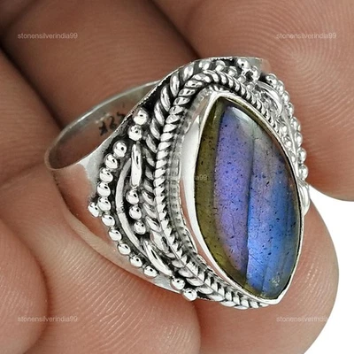 Anillo de plata esterlina maciza natural labradorita boda cóctel hija EE. UU. 8,5 Foto 1 de 4