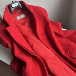 Max Mara Long Red Coat Stand Collar Stitching Elegant Silhouette Used - Picture 1 of 16