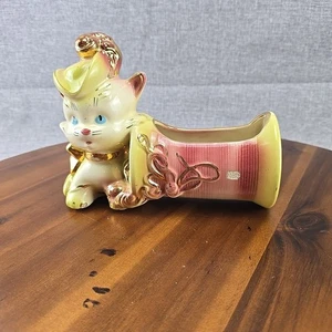 Vintage Hull USA Pottery 89 Kitty Cat Planter Gold Trim Yellow Pink Chartreuse - Picture 1 of 8