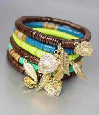 PRECIOSO Brazalete Artesanal Turquesa Concha Madera Cuentas Hoja de Oro Corazón Dijes B5 Foto 1 de 3